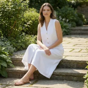 White Sleeveless V-Neck Button-Down Linen Midi Dress with Pockets, Notched Collar Casual Summer Linen Dress